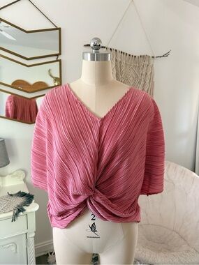 Twist-Front Pleated V-Neck Blouse - Dusty Rose